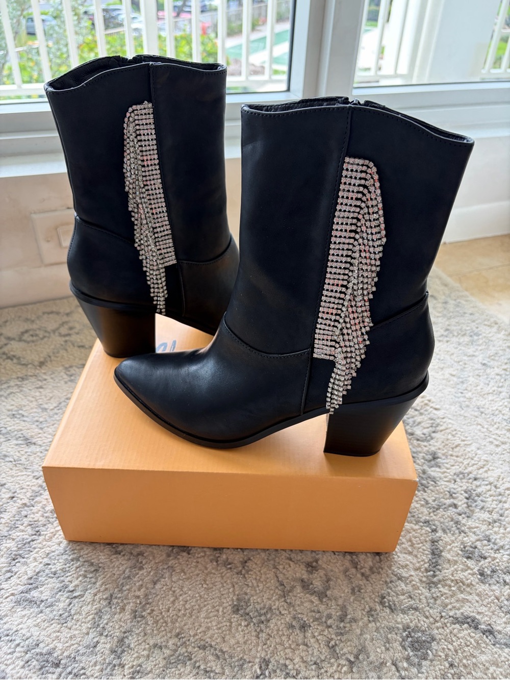Chase + Chloe Black Mid-Calf Heeled Boots with Rhinestone Fringe